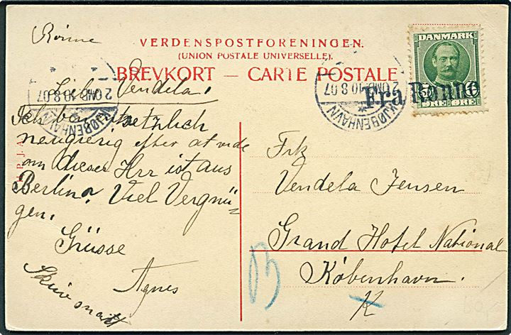 5 øre Fr. VIII på brevkort fra Rønne annulleret med skibsstempel Fra Rønne og sidestemplet Kjøbenhavn d. 10.8.1907 til København.