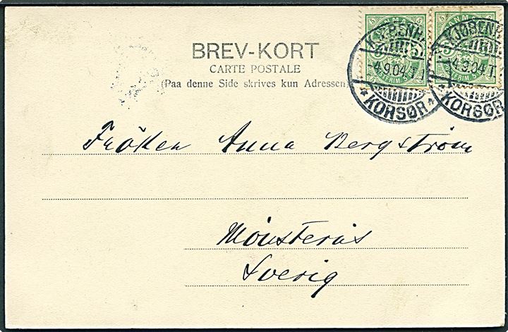 5 øre Våben i parstykke på brevkort (Hilsen fra Korsør, Lodsbroen) annulleret med bureaustempel Kjøbenhavn - * Korsør * T.12 d. 4.9.1904 til Sverige.