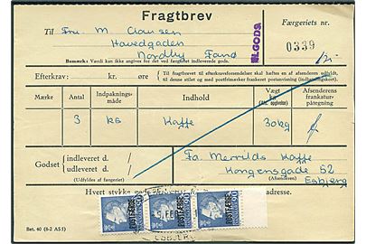 90 øre Fr. IX Postfærgemærke i 3-stribe på fragtbrev for Ilgods forsendelse d. 9.2.1971 til Nordby, Fanø.