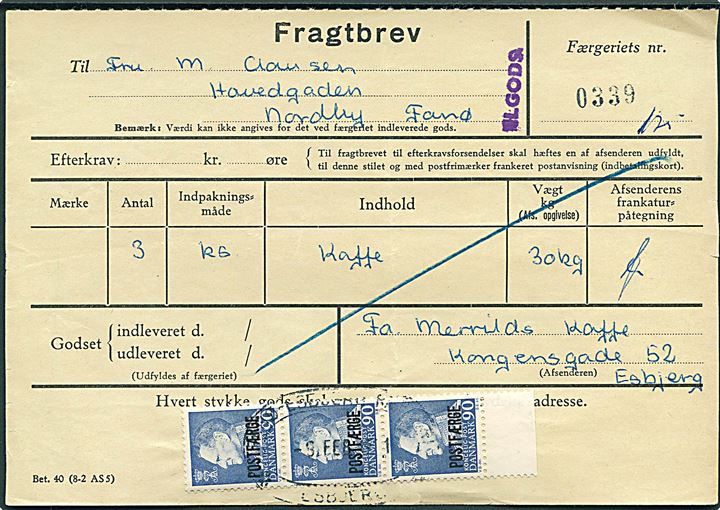 90 øre Fr. IX Postfærgemærke i 3-stribe på fragtbrev for Ilgods forsendelse d. 9.2.1971 til Nordby, Fanø.