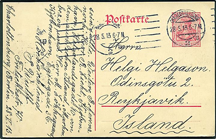 10 pfg. Germania helsagsbrevkort fra Charlottenburg d. 28.5.1913 til Reykjavik, Island.