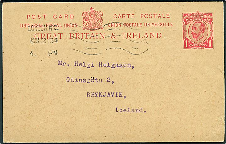 1d George V helsagsbrevkort fra London d. 2.3.1915 til Reykjavik, Island.