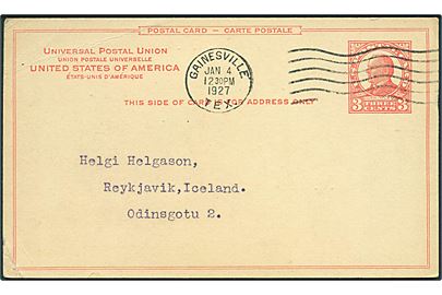 3 cents McKinley helsagsbrevkort fra Gainesville d. 4.1.1927 til Reykjavik, Island.
