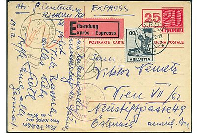 25/20 c. provisorisk helsagsbrevkort opfrankeret med 80 c. og sendt som ekspres fra Glarus d. 21.7.1952 til Wien, Østrig. Østrigsk efterkrigscensur.