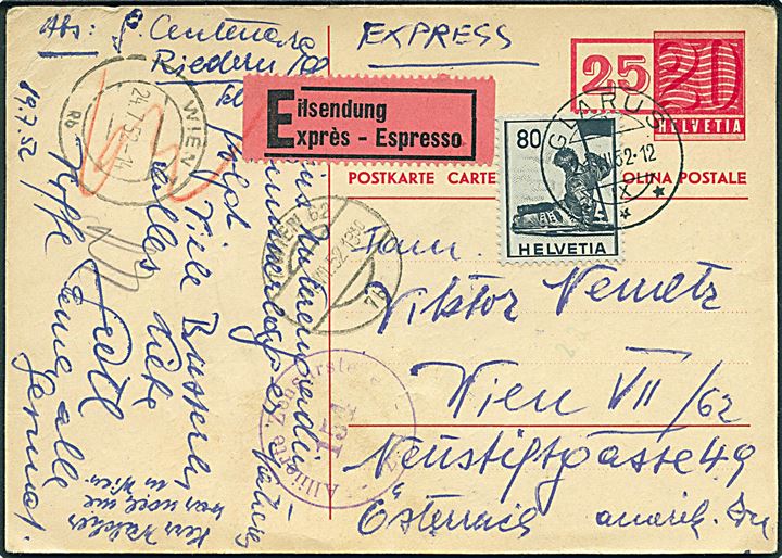 25/20 c. provisorisk helsagsbrevkort opfrankeret med 80 c. og sendt som ekspres fra Glarus d. 21.7.1952 til Wien, Østrig. Østrigsk efterkrigscensur.