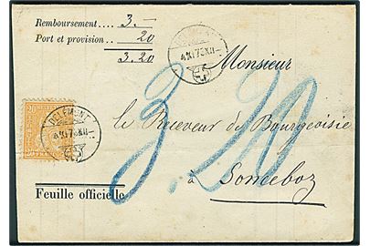 20 c. Helvetia på brev med opkrævning fra Delemont d. 4.11.1873 til Sonceboz.