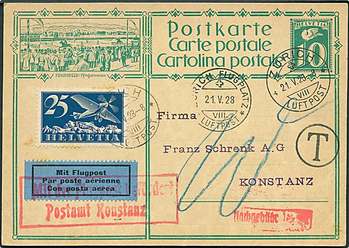 10 c. illustreret helsagsbrevkort opfrankeret med 25 c. Luftpost sendt som luftpost fra Zürich Luftpost d. 21.5.1928 via Zürich Flugplatz til Konstanz, Tyskland. Udtakseret i 20 pfg. porto. Rødt rammestempel: Mit Flugpost befördert Postamt Konstanz.