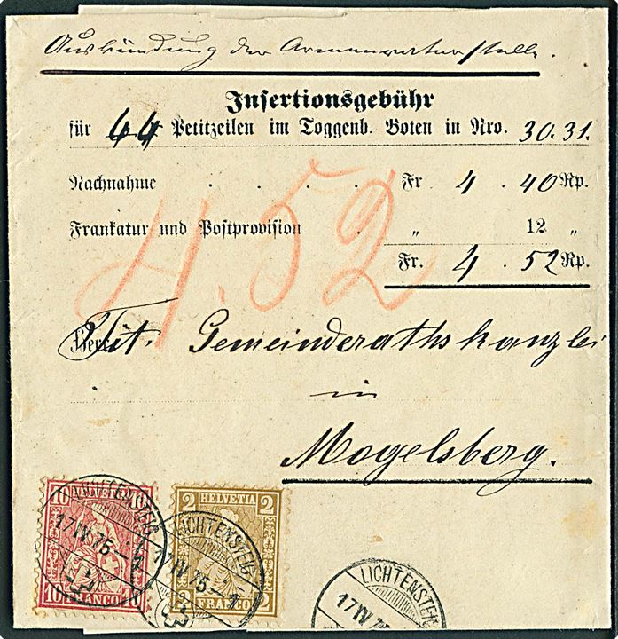 2 c. og 10 c. Helvetia på brev med postopkrævning fra Lichtensteig d. 17.4.1875 til Magelsberg.
