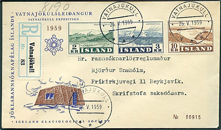 2 kr., 3 kr. og 10 kr. Jökull udg. på illustreret ekspeditionekuvert sendt anbefalet fra Vatnajökull d. 26.5.1959 til Reykjavik.