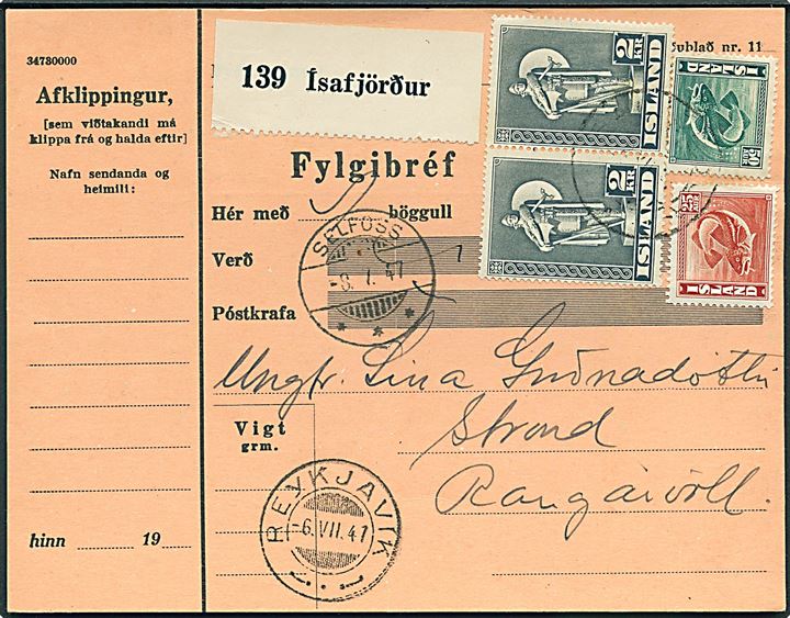 25 aur, 50 aur Torsk og 2 kr. Thorfinn Karsefri (par) på adressekort for pakke Isafjördur via Reykjsvik d. 6.7.1947 og Selfoss d. 8.7.1947 til Ragnarvöll(?). 