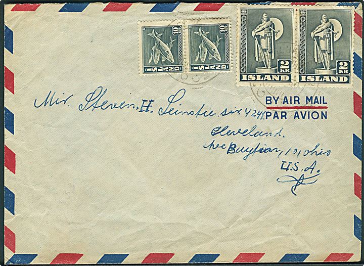 10 aur sild i parstykke og 2 kr. Thorfinn Karlsefni i parstykke på luftpostbrev annulleret med svagt stempel i 1950 til Cleveland, Usa.