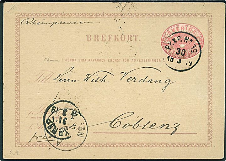 10 öre helsagsbrevkort fra Lindesberg annulleret med bureaustempel PKXP No. 39 d. 30.3.1879 til Coblenz, Rheinpreussen.