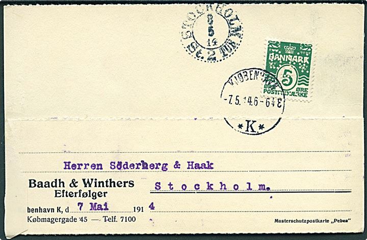5 øre Bølgelinie med perfin B.W.E. på brevkort fra firma Baadh & Winthers Efterfølger i Kjøbenhavn d. 7.5.1914 til Stockholm, Sverige.
