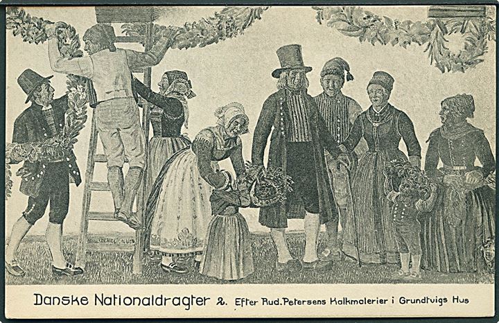 Petersen, Rud.: Danske Nationaldragter efter kalkmaleri i Grundtvigs Hus i Studiestræde, København. W. Tryde no. 2.