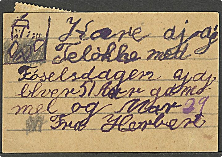 5 øre Fr. VIII m. fold på tysk Germania børnepost enkelt-brevkort sendt lokalt i Kjøbenhavn d. 21.4.1908.