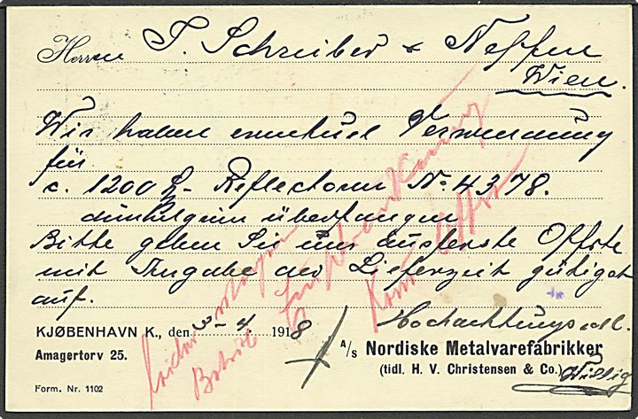 10 øre Chr. X enkeltbrevkort med udelt forside og smalle adresselinier, sendt fra Kjøbenhavn d. 3.4.1918 til Wien, Østrig. Rammestempel fra den østrigske censur i Wien. Sjælden helsag.