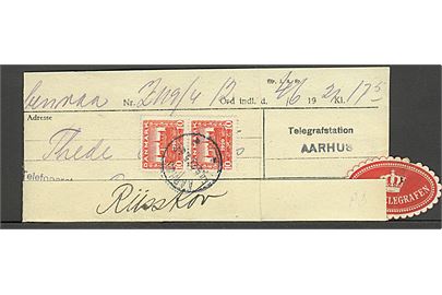 10 øre Genforening i parstykke på telegram fra Aabenraa modtaget ved Telegrafstationen i Aarhus d. 4.6.1921 og forlangt udbragt til Risskov.