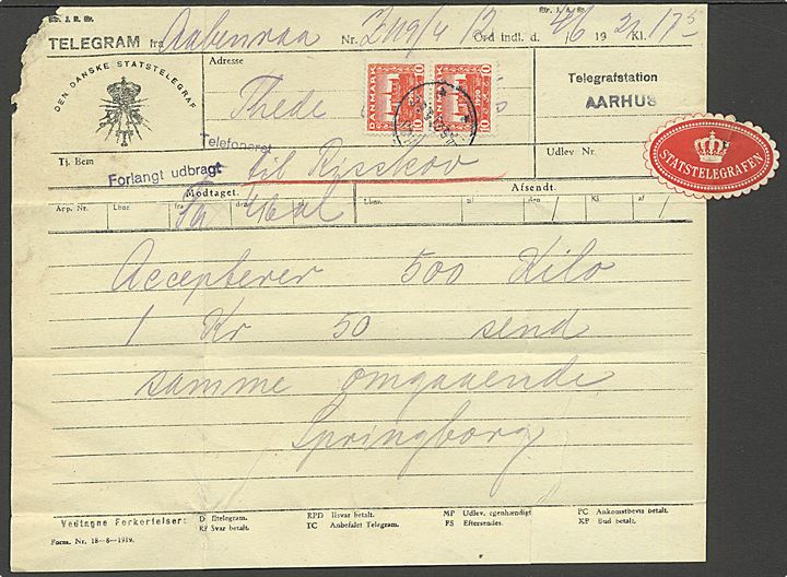 10 øre Genforening i parstykke på telegram fra Aabenraa modtaget ved Telegrafstationen i Aarhus d. 4.6.1921 og forlangt udbragt til Risskov.