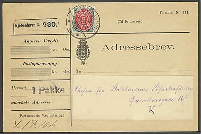 8 øre Tofarvet omv. ramme single på lokalt adressebrev for pakke på 1 pund 10 kvint stemplet Kjøbenhavn d. 27.2.1902. Flot forsendelse. 