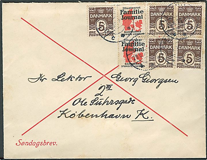 5 øre Bølgelinie og Illustreret Familie Journal reklame-mærke i par, samt yderligere 5 øre Bølgelinie (4) på fortrykt søndagsbrev-kuvert fra Femmøller d. 28.6.1930 til København.