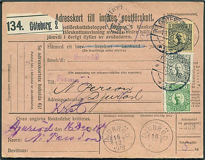 5 öre, 50 öre og 1 kr. Gustaf på adressekort for pakke med opkrævning fra Göteborg d. 13.12.1818 til Djurröd.