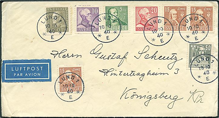 180 öre blandingsfrankeret luftpostbrev fra Lund d. 10.10.1940 til Königsberg (Pr.), Tyskland. Åbnet af tysk censur i Berlin.