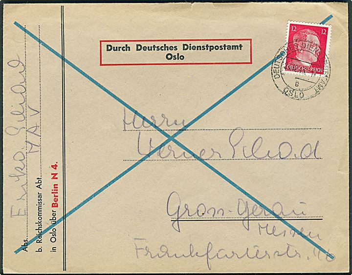 12 pfg. Hitler på fortrykt kuvert fra Reichkommissar Abt. MAV, Oslo Über Berlin N4 annulleret Deutsches Dienstpostamt / g / Oslo d. 23.12.1943 til Gross Gerau, Tyskland.