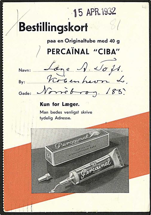 2 øre rød bølgelinie på lokalt sendt brevkort København d. 12.4.1932. Bestillingskort for Percaïnal Ciba.