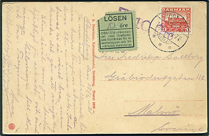 10 øre Genforening single på underfrankeret brevkort fra Skodsborg d. 16.6.1921 til Malmö, Sverige. Violet postostempel: T 10 Øre og svensk grøn Lösenetiket.