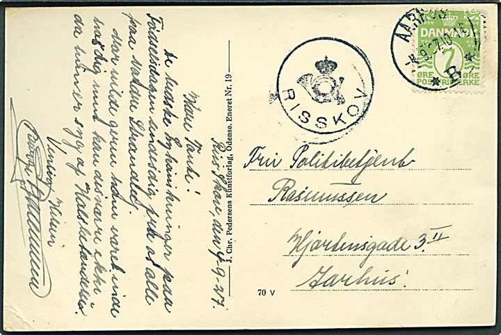 7 øre Bølgelinie på lokalt brevkort (Aarhus - Ørnereden - Stranden) annulleret Aarhus *B* d. 4.9.1927 og sidestemplet med posthornstempel RISSKOV til Aarhus.
