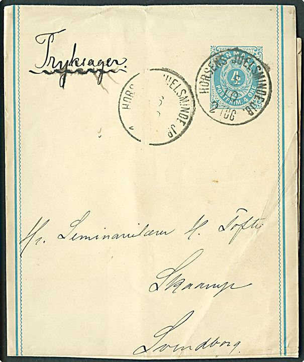 4 øre helsagskorsbånd annulleret med lapidar bureaustempel Horsens - Juelsminde JB. d. 6.10.1892 via Svendborg til Skaarup.