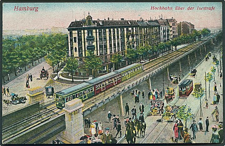 Ufrankeret brevkort (Hamburg Hochbahn og sporvogne) anvendt som feltpost fra soldat ved 86 Regiment i Flensburg med bureaustempel Hamburg - Vamdrup Bahnpost Zug 574 d. 5.11.1915 til Hammelev.