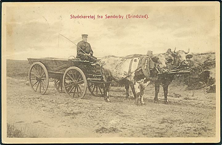 Studekøretøj fra Sønderby (Grindsted). T. C. Øehlenschlæger Bog og Papirhandel no. 35079. Frankeret med 5 øre Chr. X annulleret brotype IIIb Grindsted d. 19.4.1915.