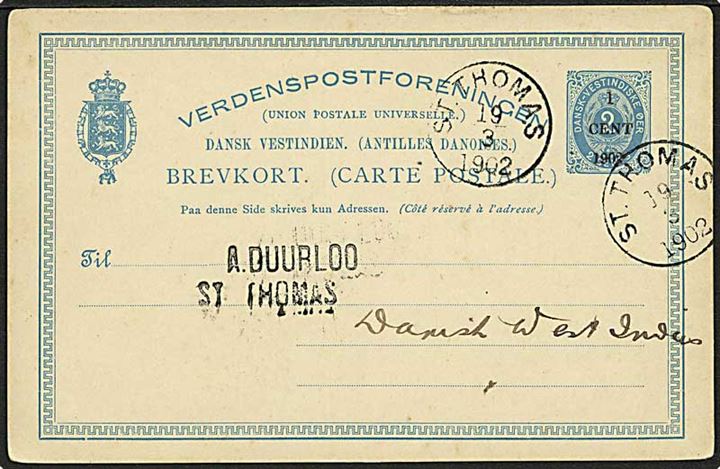1 Cent 1902/2 cents helsagsbrevkort stemplet St. Thomas d. 19.3.1902. Uden meddelelse på bagsiden.
