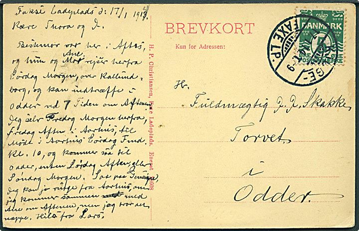Kilden i Vemmetofte. H. P. Christiansen no. 18608. Frankeret med 5 øre Bølgelinie annulleret med bureaustempel Kjøge - Faxe Lp. T.9 d. 17.1.1914 til Odder.