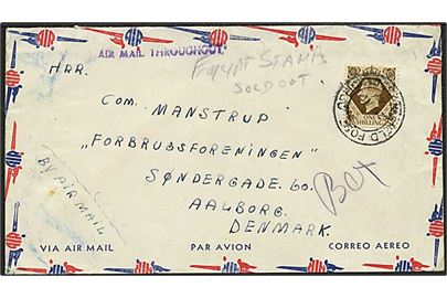 Engelsk 1 sh. George VI på luftpostbrev stemplet Field Post Office 235 d. 25.4.1947 til Ålborg, Danmark. Fra dansk frivillig soldat i engelsk tjeneste ved 51. Coy. Hq RACS (G.T.), Moascar, Egypten. Liniestempel Air Mail Throughout.
