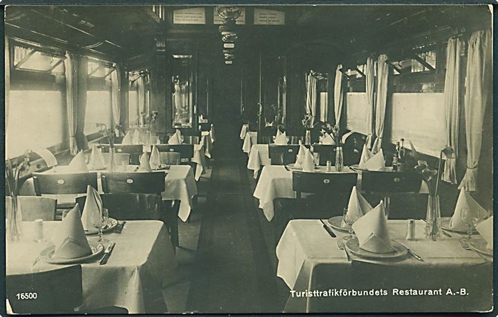 Turisttrafikförbundets Restaurant A. - B. Spisevognen på tog. Fotokort no. 16500. 