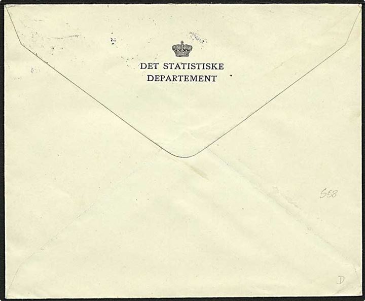 15 øre Karavel med perfin StD på fortrykt kuvert fra Det Statistiske Departement i København d. 22.2.1929 til Skive.