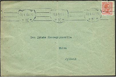 10 øre Chr. X med perfin E.R. på fortrykt kuvert fra Ernæringsraadet stemplet Kjøbenhavn K d. 30.4.1919 til Skive.