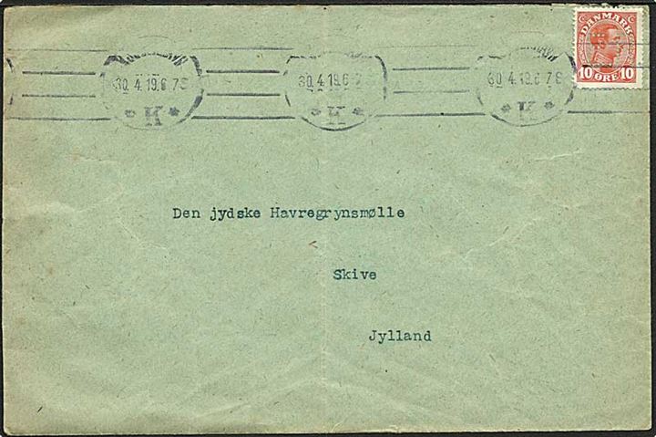 10 øre Chr. X med perfin E.R. på fortrykt kuvert fra Ernæringsraadet stemplet Kjøbenhavn K d. 30.4.1919 til Skive.