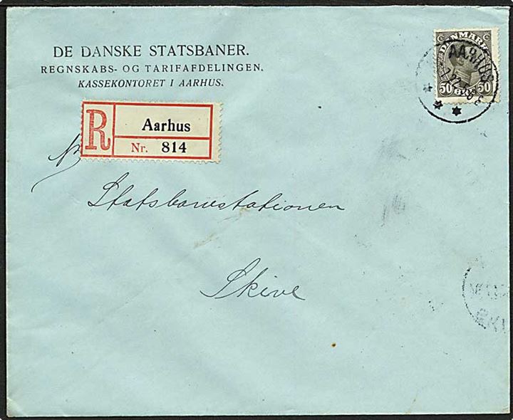 50 øre Chr. X olivengrå single på anbefalet brev fra Aarhus d. 25.7.1922 til Skive.
