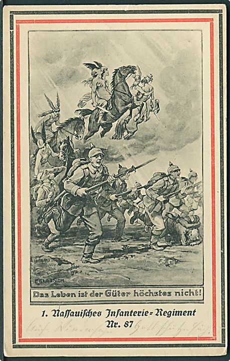 1. Nassauisches Infanterie-Regiment Nr. 87. Anvendt som feltpostkort fra sønderjyde d. 21.6.1917 til Sønderborg. Tau & Schwab u/no.