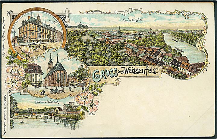 Gruss aus Weissenfels. Post, Kirchen, Brücke u. Bahnhof, Total Ansicht. Rosenblatt no. 3324. 
