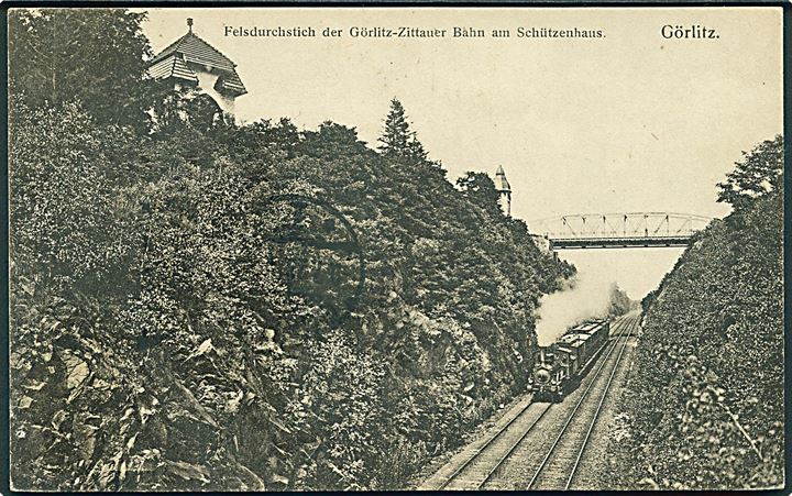 Felddurchstich der Görlitz - Zittauer Bahn am Schützengaus, Görlitz. Med tog.Ansichtskartenverlag Silesia, Görlitz no. 658. 