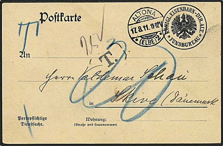 Ufrankeret tysk jernbane tjenestebrevkort fra Altona d. 17.8.1911 til Skive, Danmark. Sort T stempel og 20 øre dansk porto.