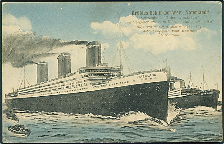 Grösstes Schiff der Welt Vaterland. Schwesterschiff des Imperator im Vergleich mit dem Riesendampfer Amerika. W. Nöiting, Hamburg 36. 
