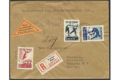 Komplet sæt Ski-VM på anbefalet brev med postopkrævning fra Åbo d. 29.1.1938 til Stockholm, Sverige.