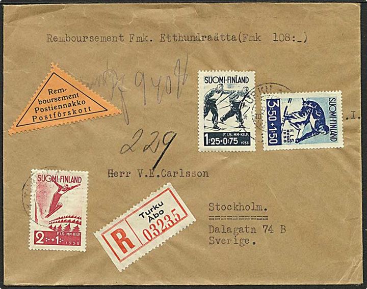 Komplet sæt Ski-VM på anbefalet brev med postopkrævning fra Åbo d. 29.1.1938 til Stockholm, Sverige.