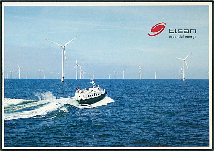 Elsam. Essential Energy. Elsam A/S opførte i sommerhalvåret 2002 verdens hidtil største havmøllepark ved Horns Rev, 14 - 20 km vest for Blåvandshuk. Reklamekort. U/no. 