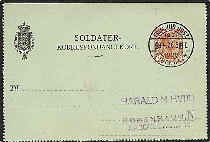 10 øre Chr. Soldater-korrespondancekort annulleret med særstempel Frim.Jub.Udst. 1851-1926 København d. 19.4.1926.